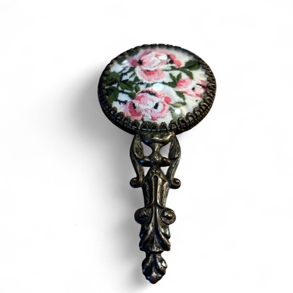 VTG Victorian Pocket Hand Mirror Brass Handle Floral Embroidery Domed Glass